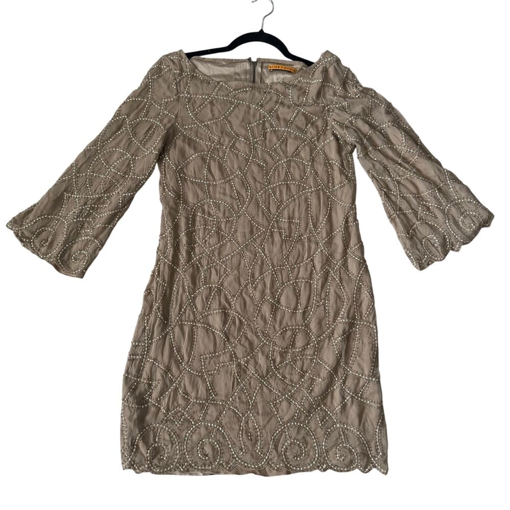 Alice + Olivia Silk Champagne Beaded Long Sleeve Mini Dress Size Small